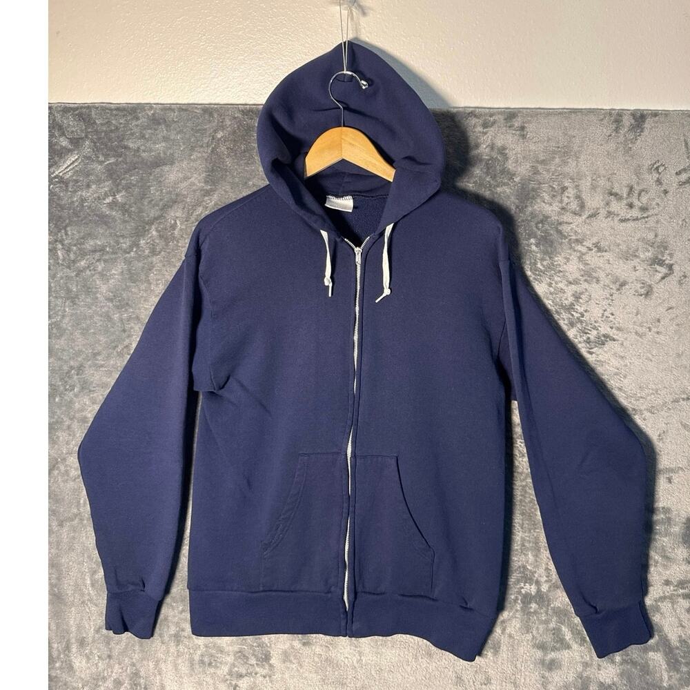 VTG 80s Santee Sweats Full Zip Hoodie Blank Navy Blue Made In USA Men’s Large